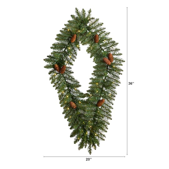 3ft. White LED Lights Holiday Geometric Christmas Diamond Wreath With Pinecones